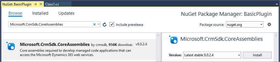 Installieren Sie das Microsoft.CrmSdk.CoreAssemblies-NuGet-Paket.