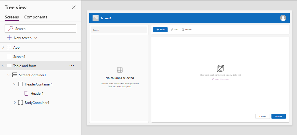 Screenshot mit dem Bildschirm „Tabelle und Formular“.