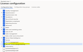 Screenshot, der den aktivierten Konfigurationsschlüssel für die Änderungsnachverfolgung der SQL-Zeilenversion zeigt.