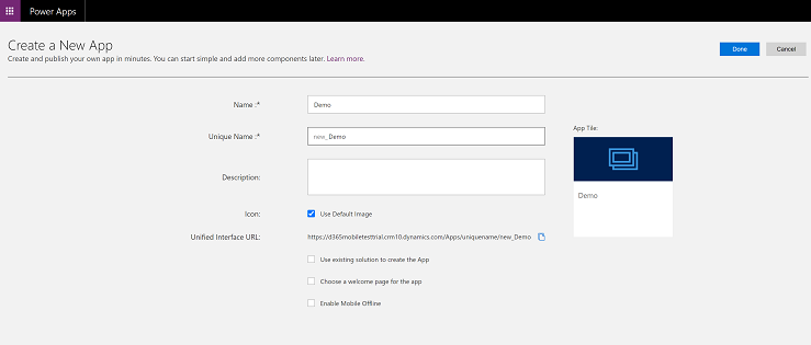 Erstellen Sie eine neue Unified Interface-App.
