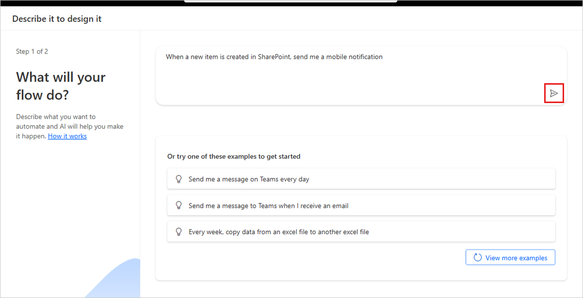 Screenshot der Ansicht des vagen Prompts, in der Sie Ihren Flow mit Copilot weiter erstellen können.