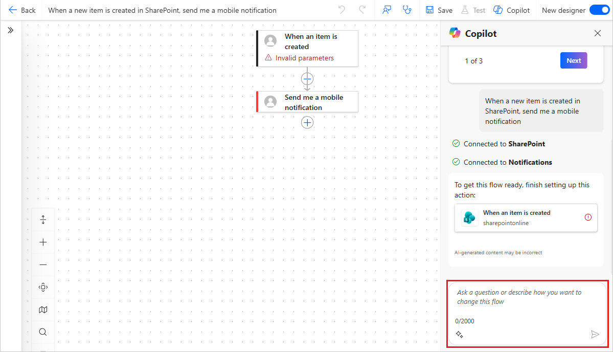 Screenshot des Cloud-Flow-Designers mit Copilot, der Ihren Flow anzeigt.