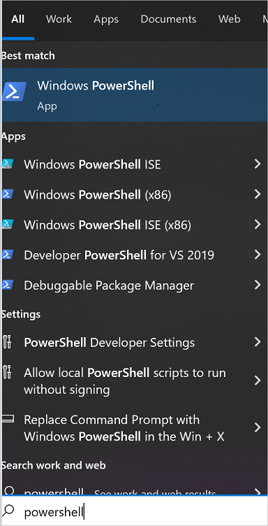 Screenshot, der zeigt, wie PowerShell von Windows aus gestartet wird.