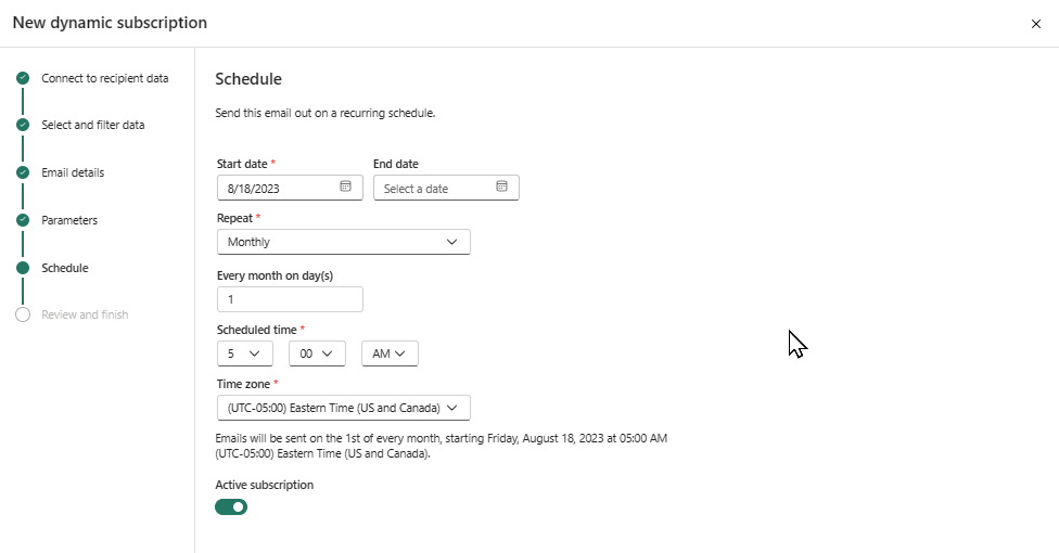 Screenshot: Power BI-Dienst mit dem Fenster „Zeitplan“.