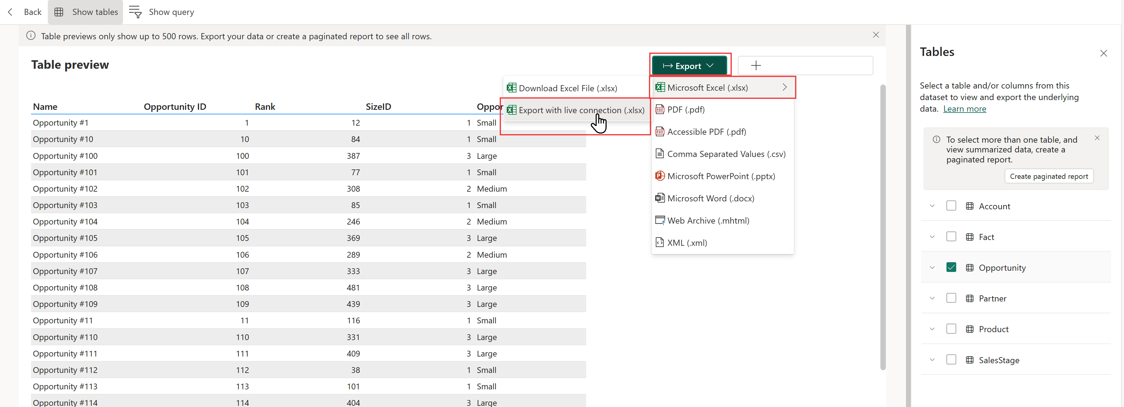 Screenshot, der die Option „Mit Liveverbindung exportieren“ (.xlsx) für die Tabellenvorschau im OneLake Datenhub zeigt.