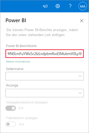 Screenshot: SharePoint-Eigenschaften für neuen Webpart mit hervorgehobenem Power BI-Berichtslink