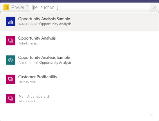 Screenshot of the Teams search bar showing a list of reports and My workspace in Power BI app.