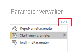 Screenshot that shows New to create another parameter.