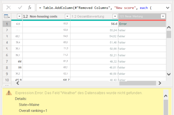 Screenshot of Power Query Editor showing the New score column with Error details.