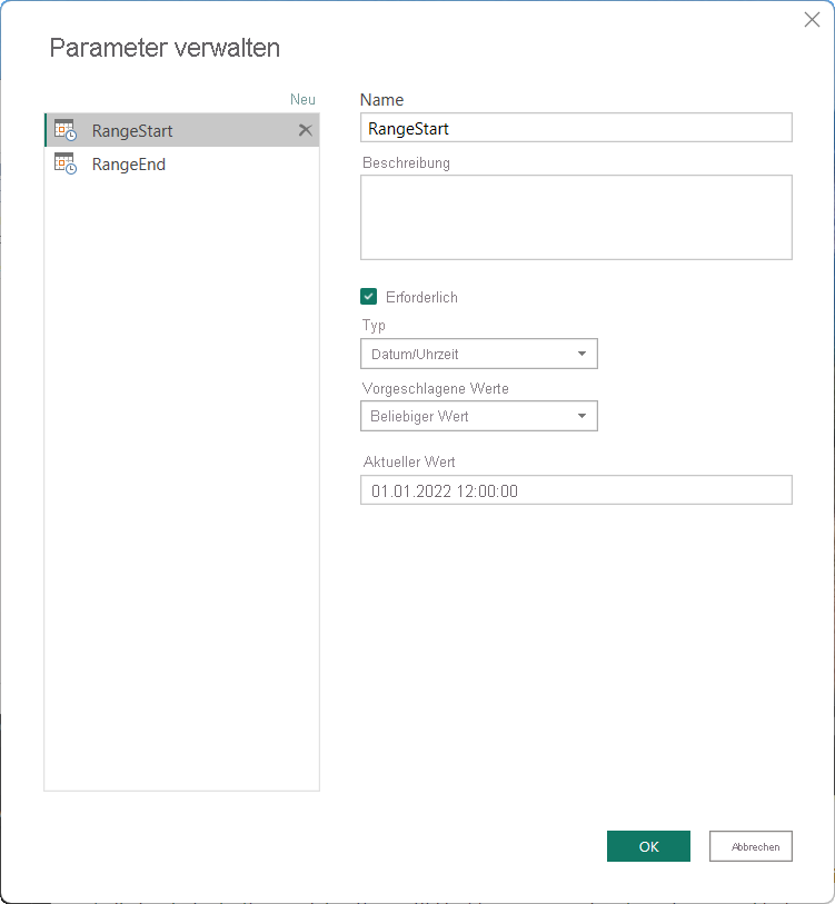 Screenshot of the Manage Parameters dialog showing the RangeStart and RangeEnd parameters.