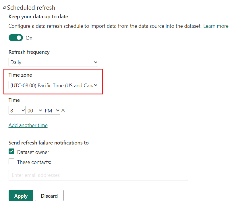 Screenshot of Scheduled refresh dialog showing the Time zone input field