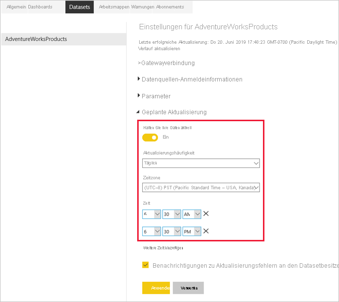 Screenshot, der das Konfigurieren der geplanten Aktualisierung zeigt.