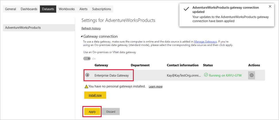 Screenshot, der das Anwenden der Gatewayverbindung zeigt.