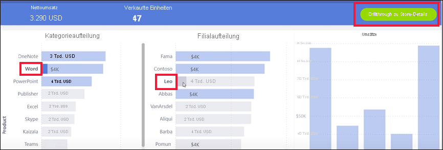 Screenshot einer aktiven Drillthroughschaltfläche.