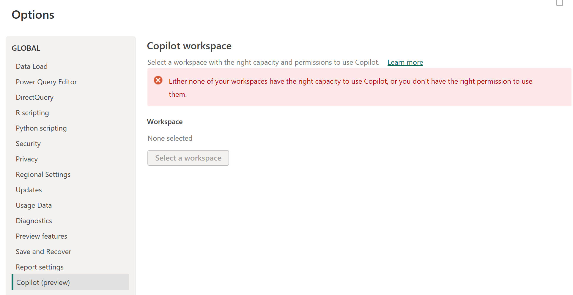 Screenshot: Copilot-Einstellungen mit der Fehlermeldung.