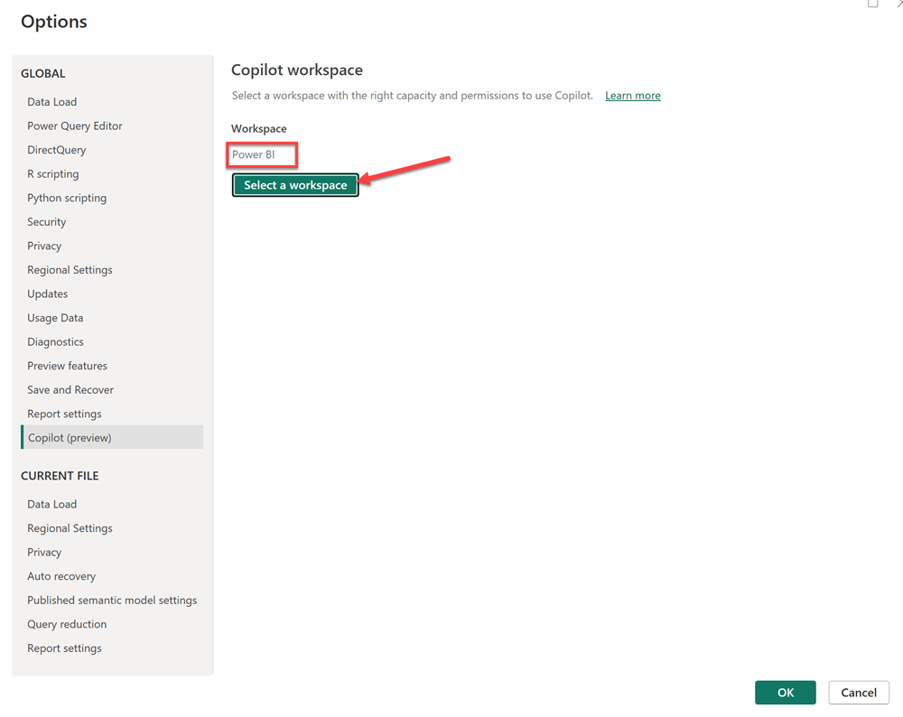 Screenshot: Fenster mit Power BI Desktop-Optionen, Einstellungen für Copilot.