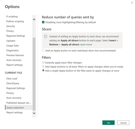 Query reduction settings dialog