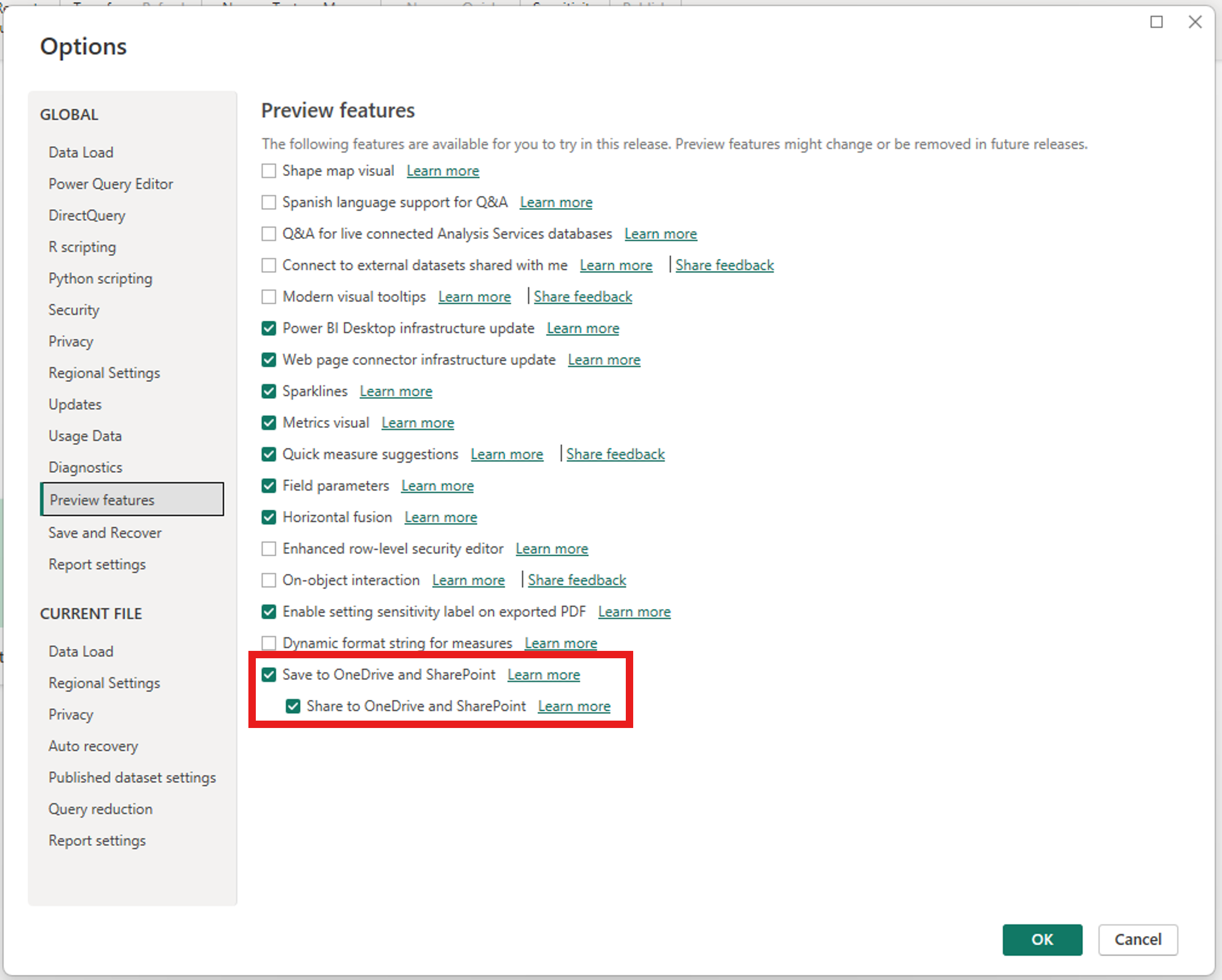 Screenshot of settings to turn on preview features.