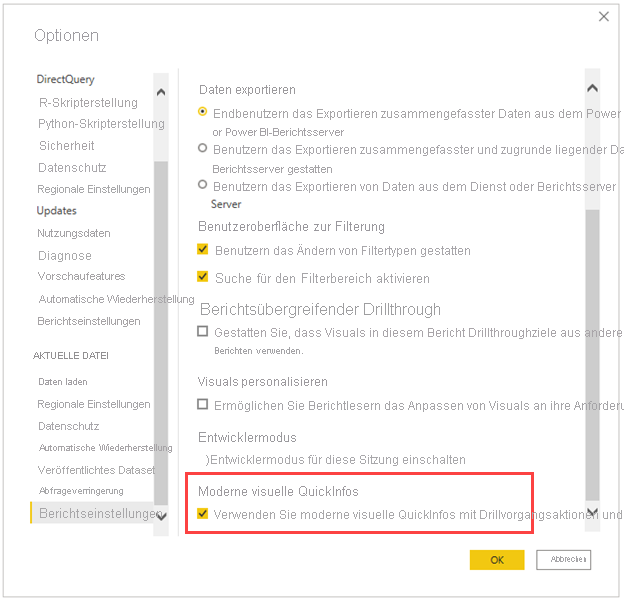 Screenshot of the Options dialog, highlighting the Modern visual tooltips checkbox.