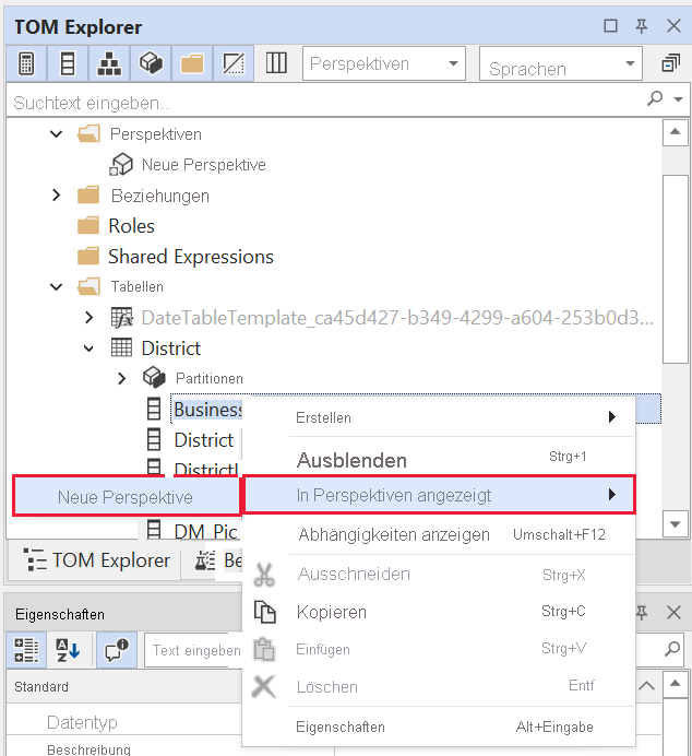 Screenshot of the Tabular Editor right-click menu, highlighting Shown in perspectives.