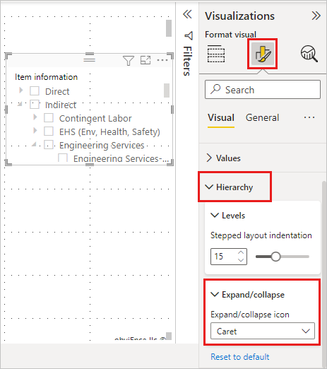 Screenshot of Select an expand/collapse icon for your hierarchy slicer in Power B I Desktop.