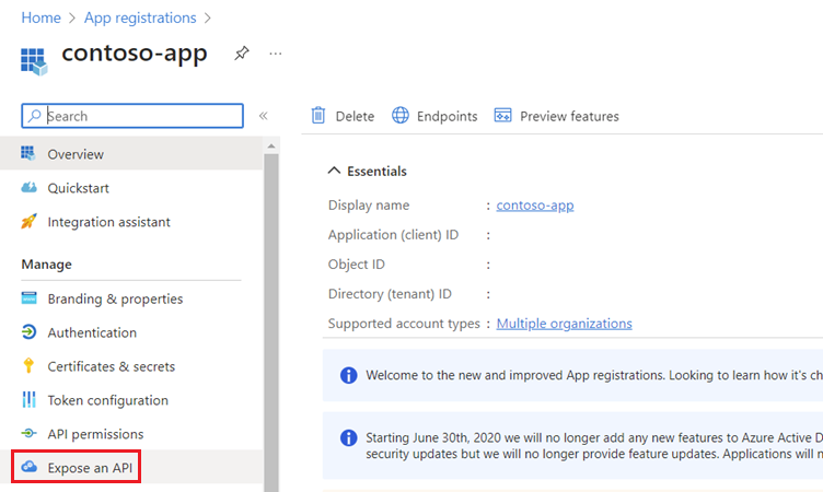 Screenshot der Seite „API verfügbar machen“ der Microsoft Entra&nbsp;ID-Registrierungs-App.