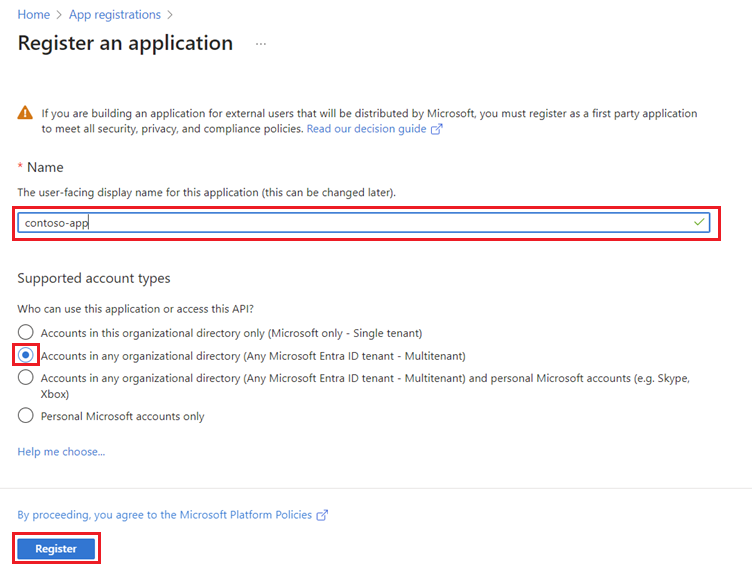 Screenshot der Seite „App registrieren“ der Microsoft Entra&nbsp;ID-Registrierungs-App.