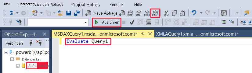 A screenshot showing the evaluate query 1 D A X query in S Q L Server Management Studio.