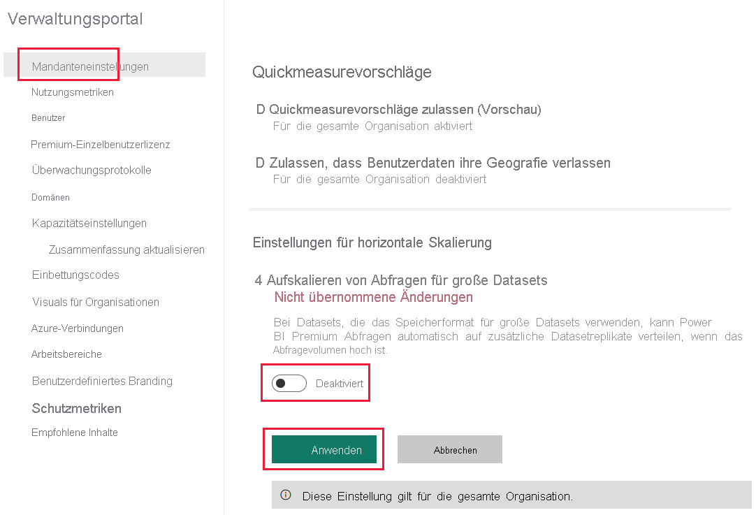 A screenshot showing how to disable the scale out tenant settings in the Power BI admin portal.