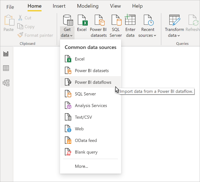 Screenshot: In Power BI Desktop ist die Power BI-Dataflowsoption in der Dropdownliste „Daten abrufen“ hervorgehoben.