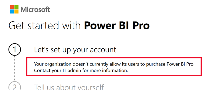 Screenshot: Dialogfeld „Erste Schritte“ mit der Meldung, dass die Organisation es Benutzern nicht erlaubt, Power BI Pro zu erwerben