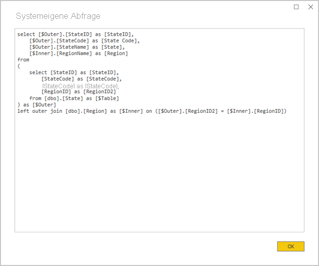 Screenshot of Power BI Desktop showing the Native Query window. A query statement joins two source tables.