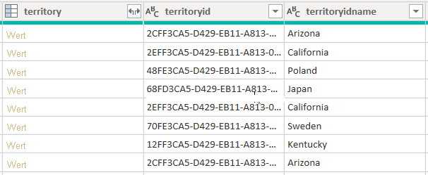 Screenshot: Vorschau der Daten für die Kontotabelle mit den drei „territory“-Spalten