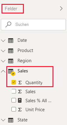 Screenshot of the Power B I service quantity field in the sales table in the U S sales analysis report.