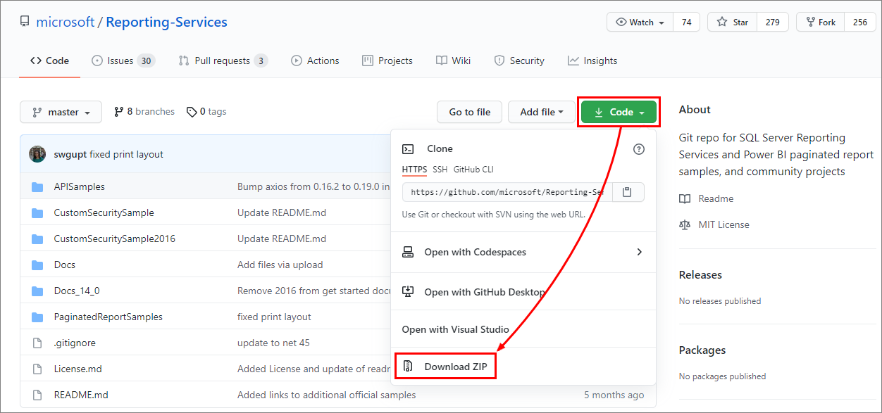 Screenshot of the GitHub repo containing the sample Power BI paginated reports.