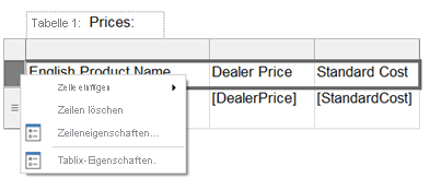 Screenshot showing selecting row properties.