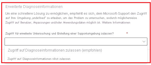 Screenshot einer Supportanfrage mit Zustimmungsoptionen für den Zugriff auf Diagnoseinformationen.
