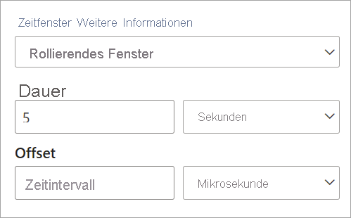 Screenshot that shows duration and offset settings for a tumbling time window.