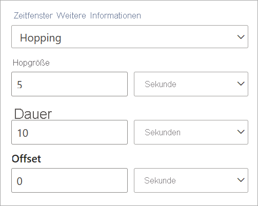 Screenshot that shows hop size, duration, and offset settings for a hopping time window.