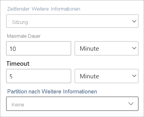 Screenshot that shows the duration, timeout, and partition settings for a session time window.