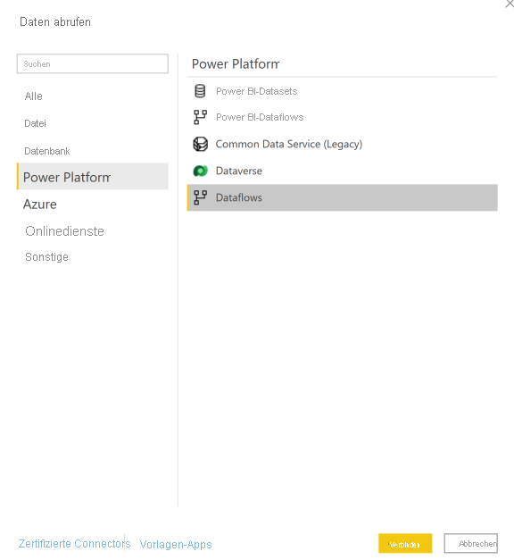 Screenshot of the Get Data window, Power Platform is selected in the navigation pane and Dataflows is highlighted in the main pane.