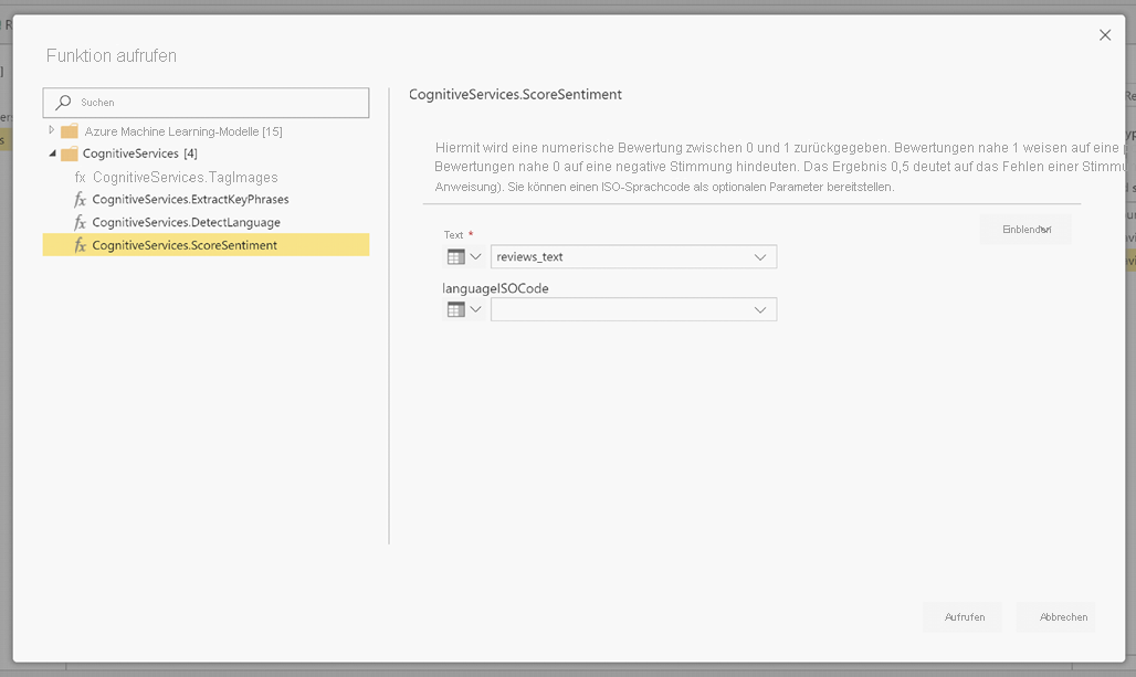 Screenshot: Dialogfeld „Funktion aufrufen“ mit Auswahl von CognitiveServices.ScoreSentiment.