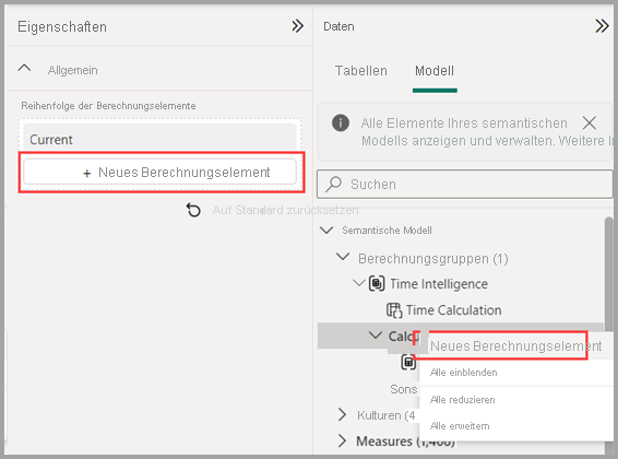 Screenshot of how to create a new calculation item.