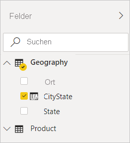 Screenshot of Power BI Desktop showing CityState checked in the Geography filter in the Fields view.