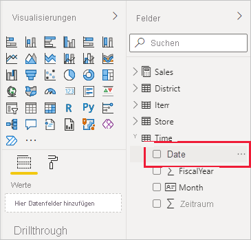 Screenshot of Power BI Desktop showing the Date filter in the Fields pane.