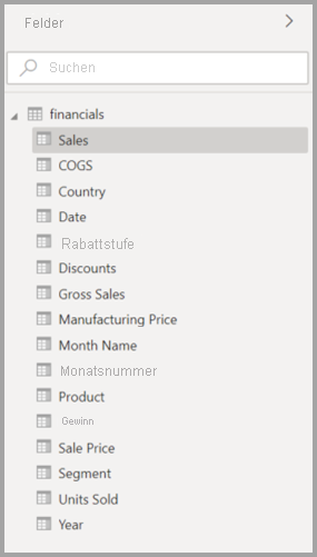 Screenshot of the original Model view Fields list in Power BI Desktop.