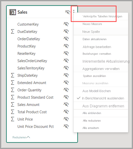 Screenshot of the Add related tables options after right clicking a table.
