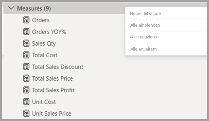 Screenshot des Bereichs „Measures“ im Modell-Explorer