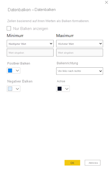 Screenshot of the Data bars dialog. Controls are available for configuring bar color, direction, axis, and minimum and maximum values.