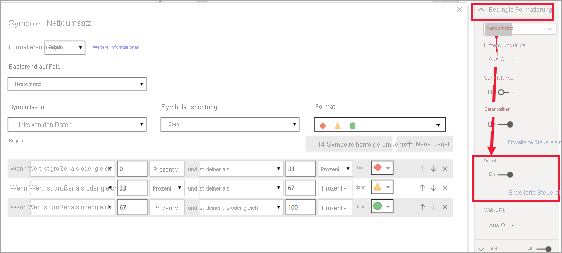 Screenshot of the Cell elements card in the Visualizations pane, with the Icons slider on. A dialog has controls for icon formats and conditions.